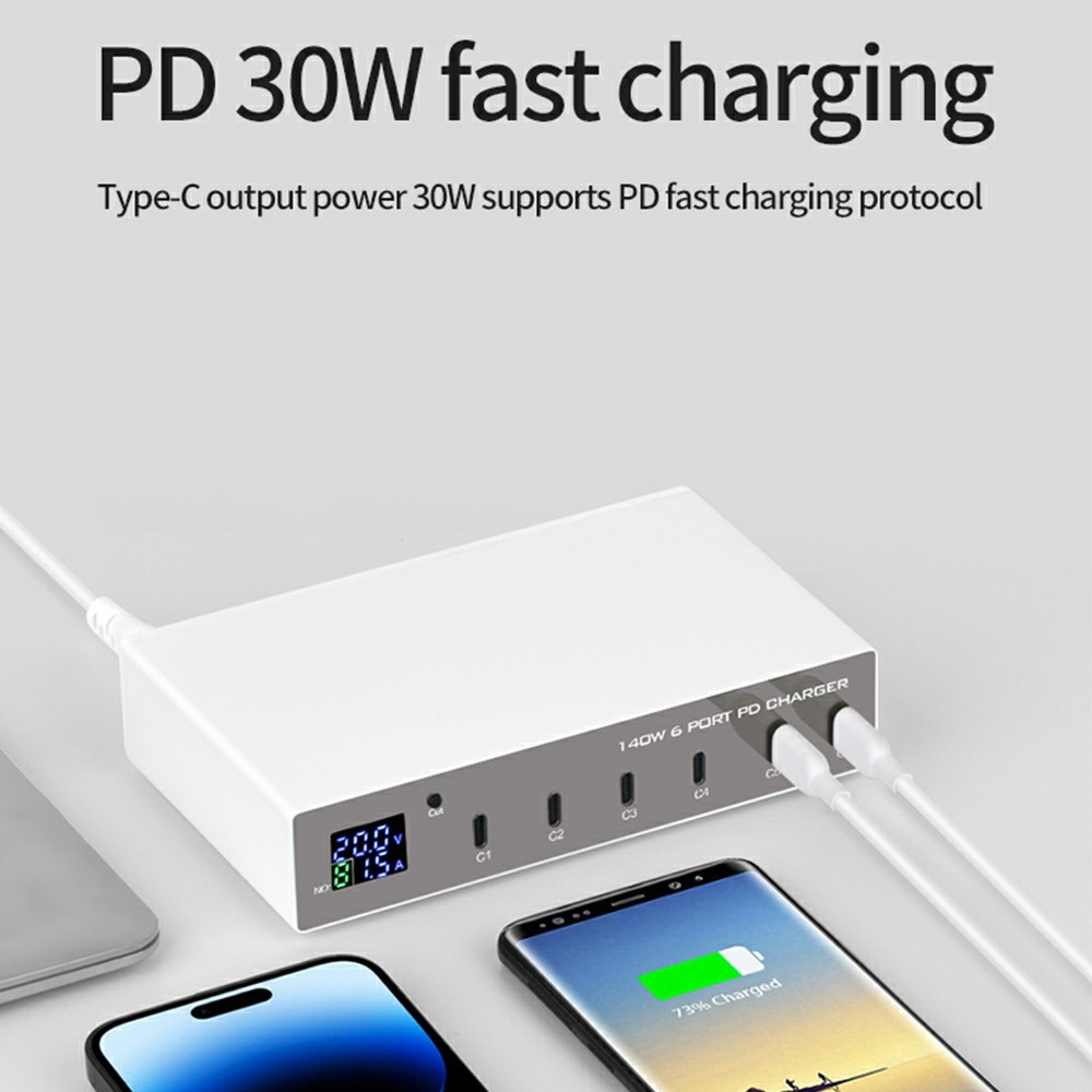 Зарядно устройство OEM WLX-X6P, 140W, 3A, 6 x USB-C, Сребристо