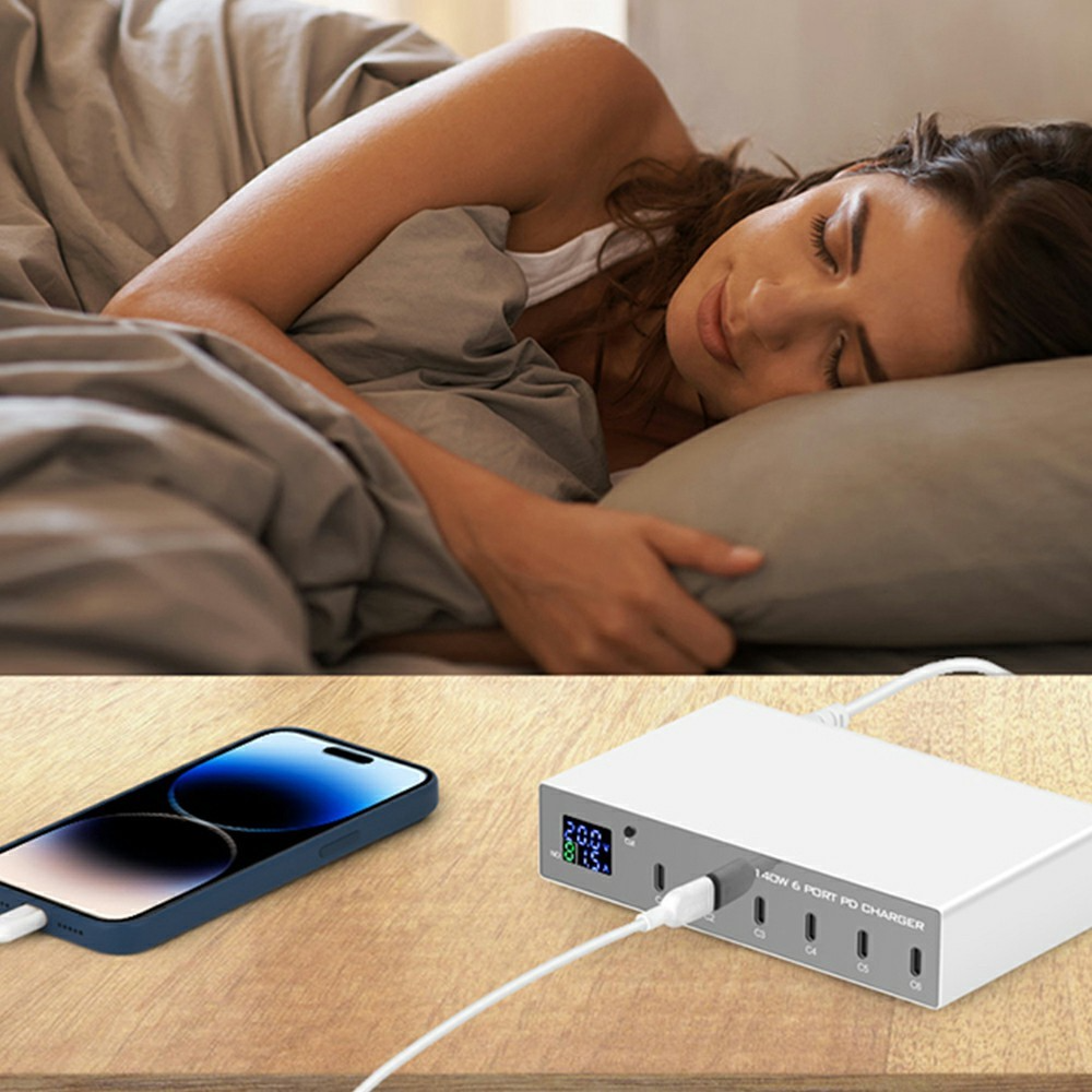Зарядно устройство OEM WLX-X6P, 140W, 3A, 6 x USB-C, Сребристо