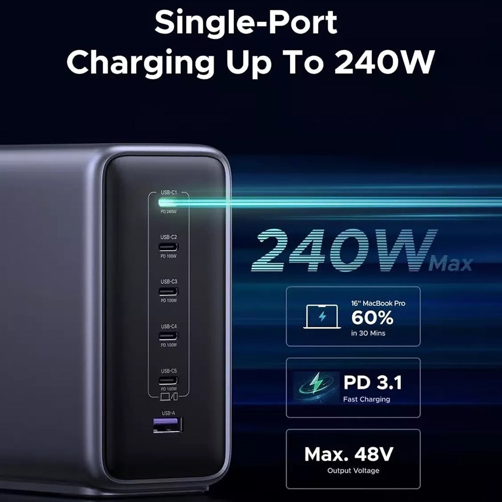 Зарядно устройство UGREEN Nexode X759, 500W, 5A, 1 x USB-A - 5 x USB-C, Сиво