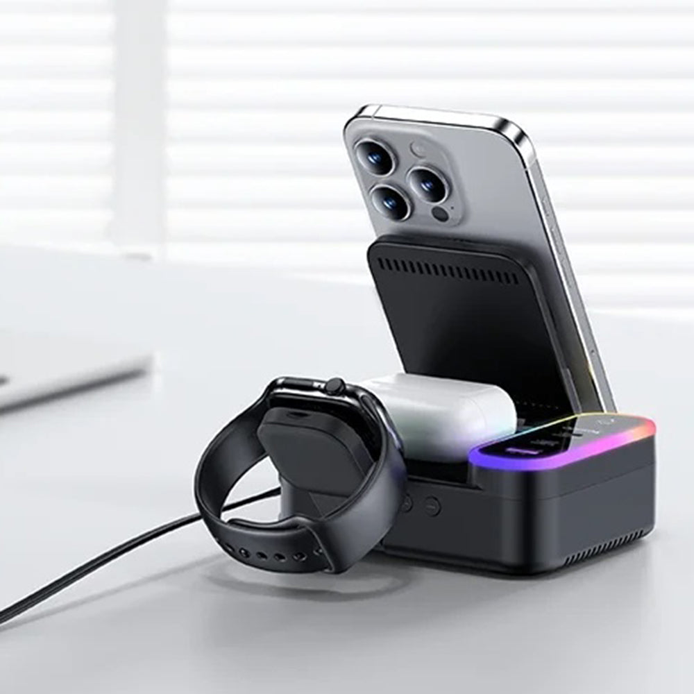 Зарядно устройство Yesido DS38 Display QI 3в1, 65W, 3A, 1 x USB-A - 2 x USB-C, Черно