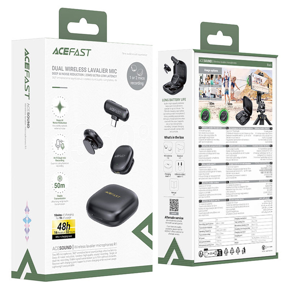 Acefast R1 Lavalier, USB-C, Set of 2 pieces, Black