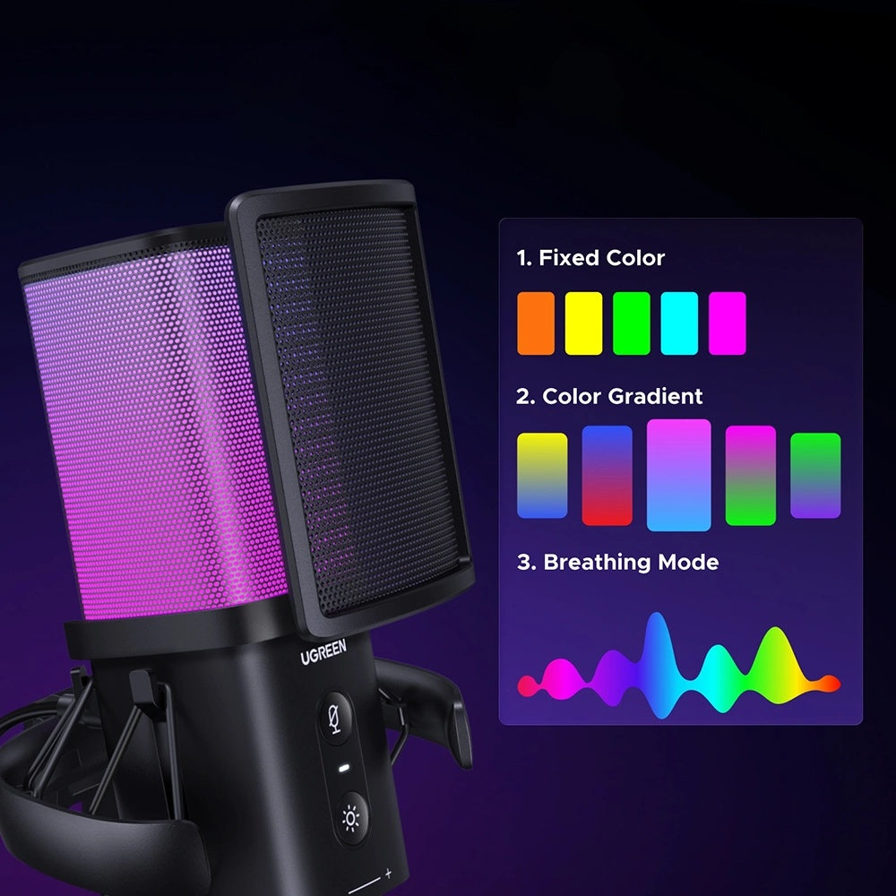 Микрофон Cardioid UGREEN CM581 (65629), RGB, USB-C, 1.5m, Черен