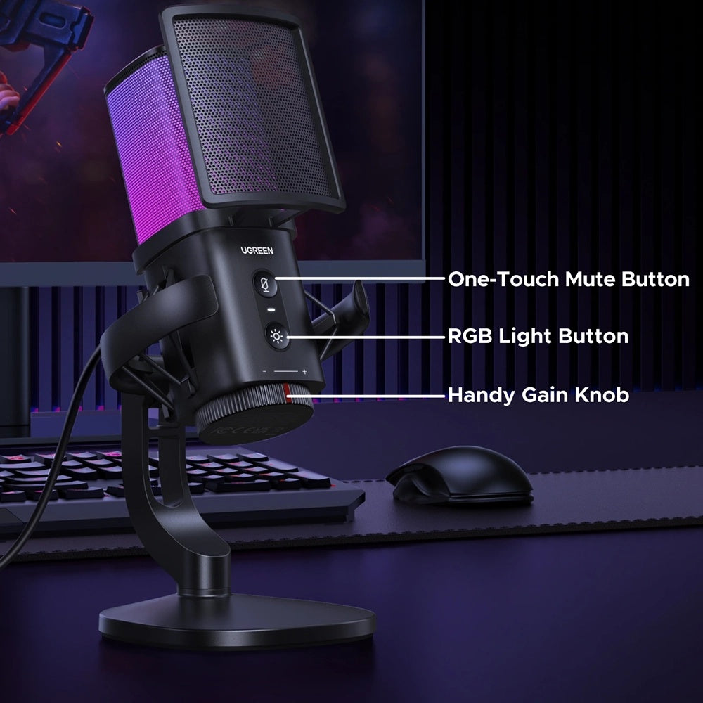 Микрофон Cardioid UGREEN CM581 (65629), RGB, USB-C, 1.5m, Черен