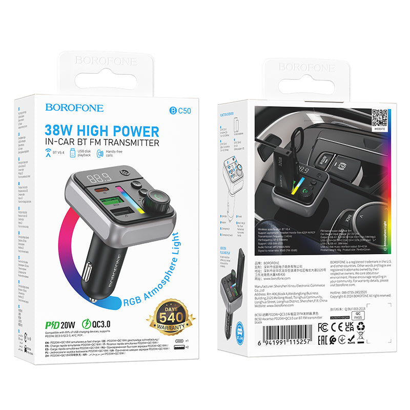Borofone BC50 Ascenso Bluetooth FM Modulator, 2 x USB-A - 1 x USB-C