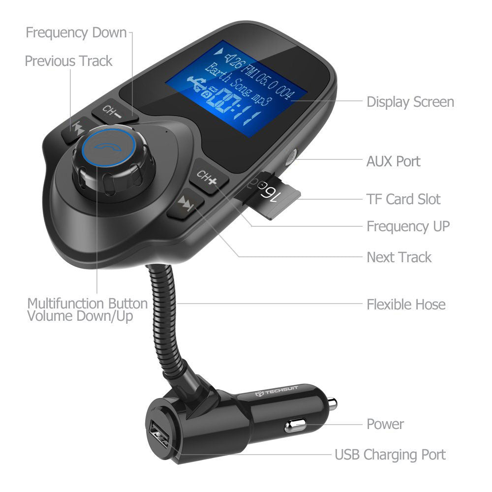 FM Bluetooth модулатор Techsuit MFM4, 1 x USB-A - 1 x 3.5mm - 1 x microSD, Черен