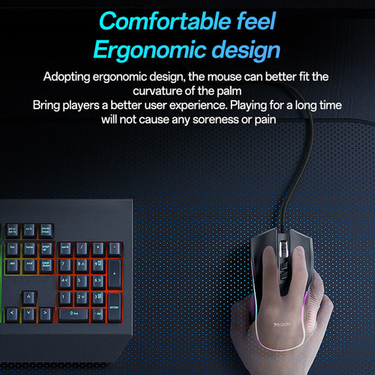 Игрална мишка с кабел USB Yesido KB20, RGB, 1000DPI - 7200DPI, Черна