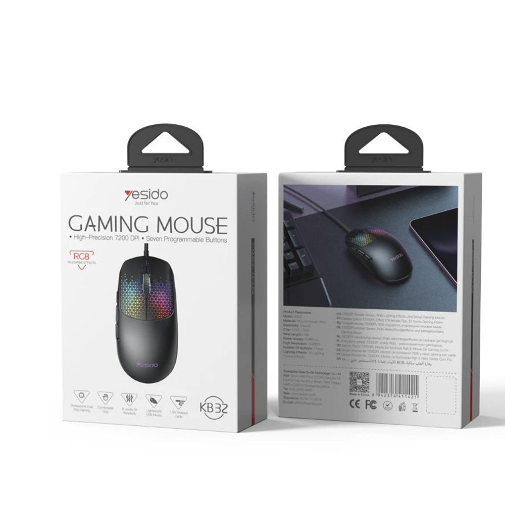 Геймърска мишка с кабел USB Yesido KB32, RGB, 7200DPI, Черна