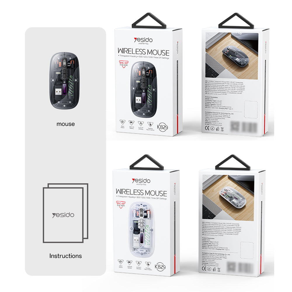 Yesido KB29 Wireless Mouse, 800DPI - 1600DPI, BT / Wi-Fi, White