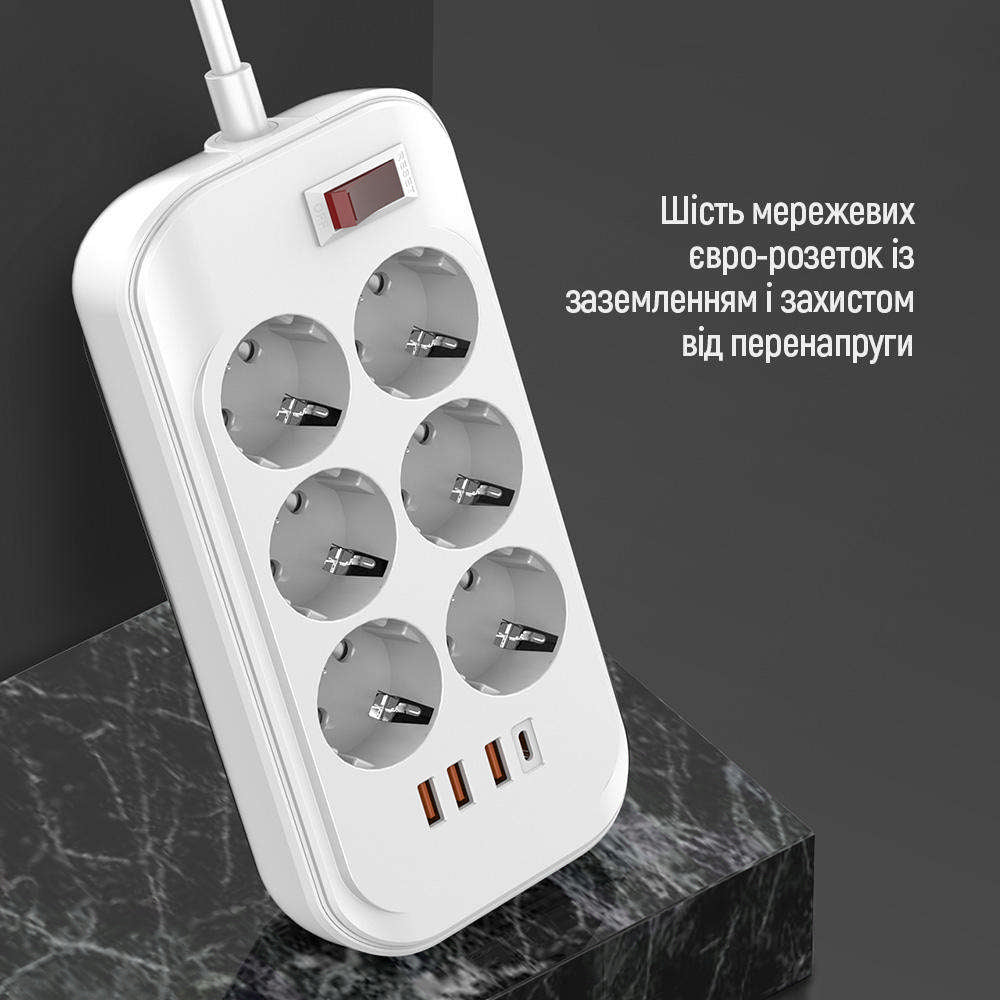 Удължител ColorWay, 6 x Schuko, Бял