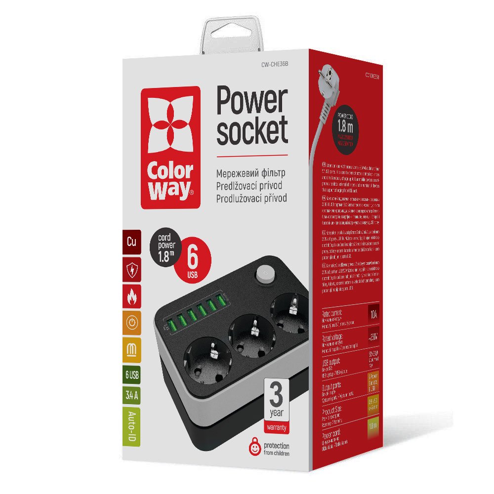 Удължител ColorWay, 3 x Schuko - 6 x USB-A, Черен