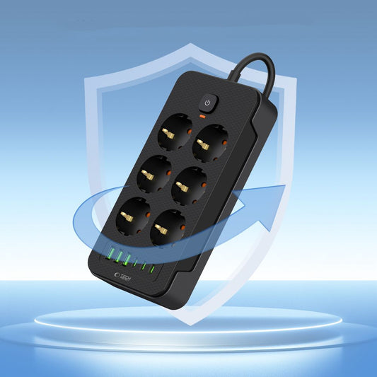 Мрежово зарядно устройство Tech-Protect PC6X6, 3 x USB-A - 3 x USB-C - 6 x Schuko, черно