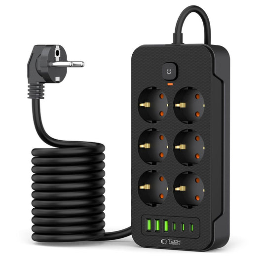 Мрежово зарядно устройство Tech-Protect PC6X6, 3 x USB-A - 3 x USB-C - 6 x Schuko, черно