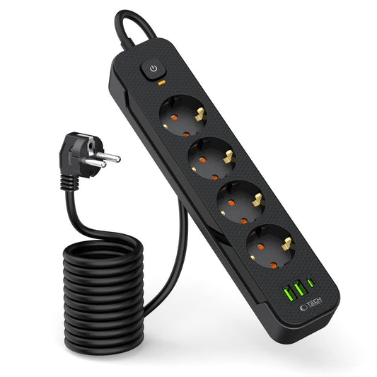Мрежово зарядно устройство Tech-Protect PCL4X3, 2 x USB-A - 1 x USB-C - 4 x Schuko, черно