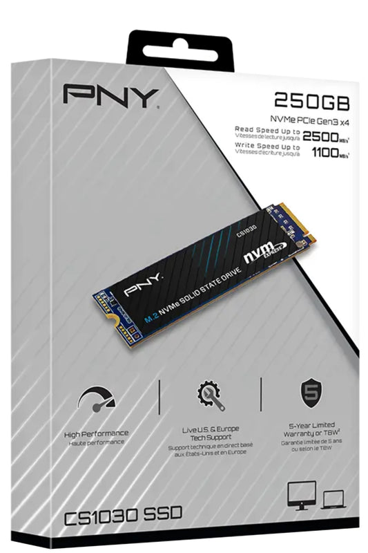 Твърдотелен диск (SSD) PNY CS1030, 250GB, NVMe M.2 2280, PCIe M280CS1030-250-RB