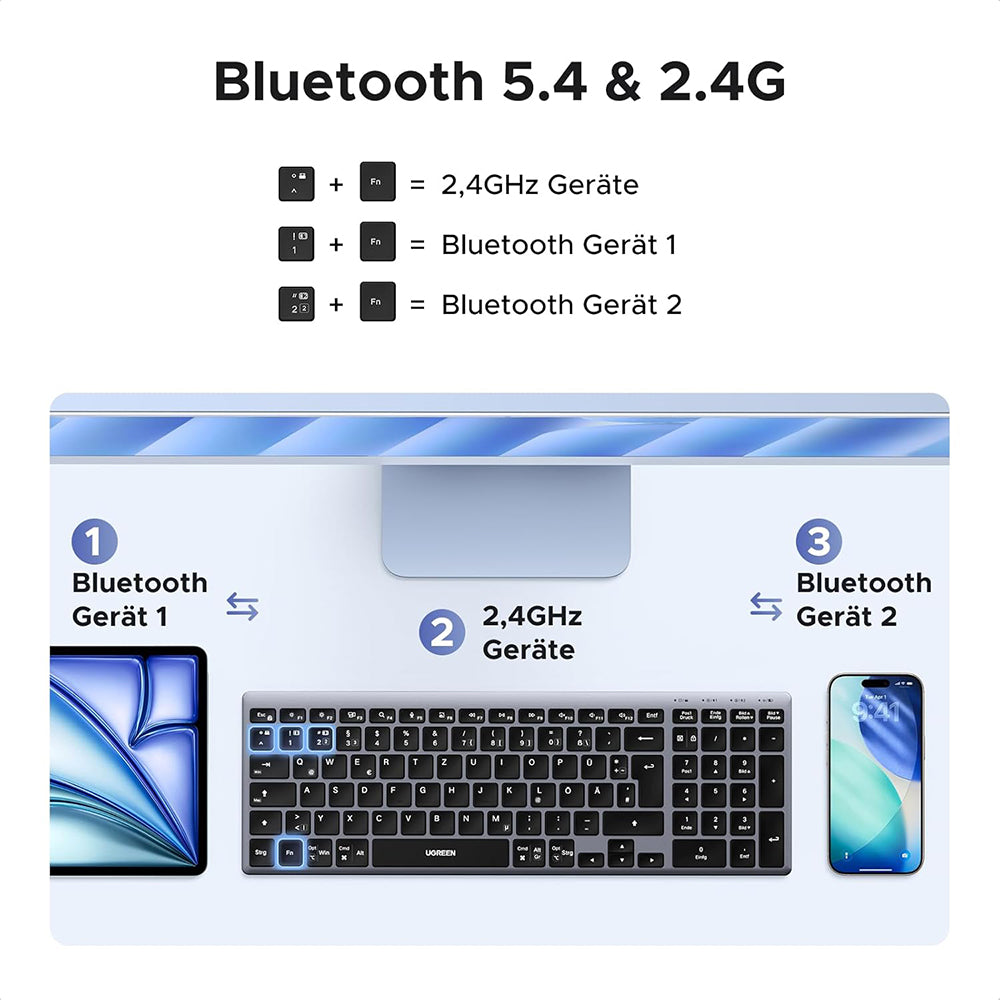 Безжична клавиатура UGREEN K552 (75163), BT / Wi-Fi, Черна