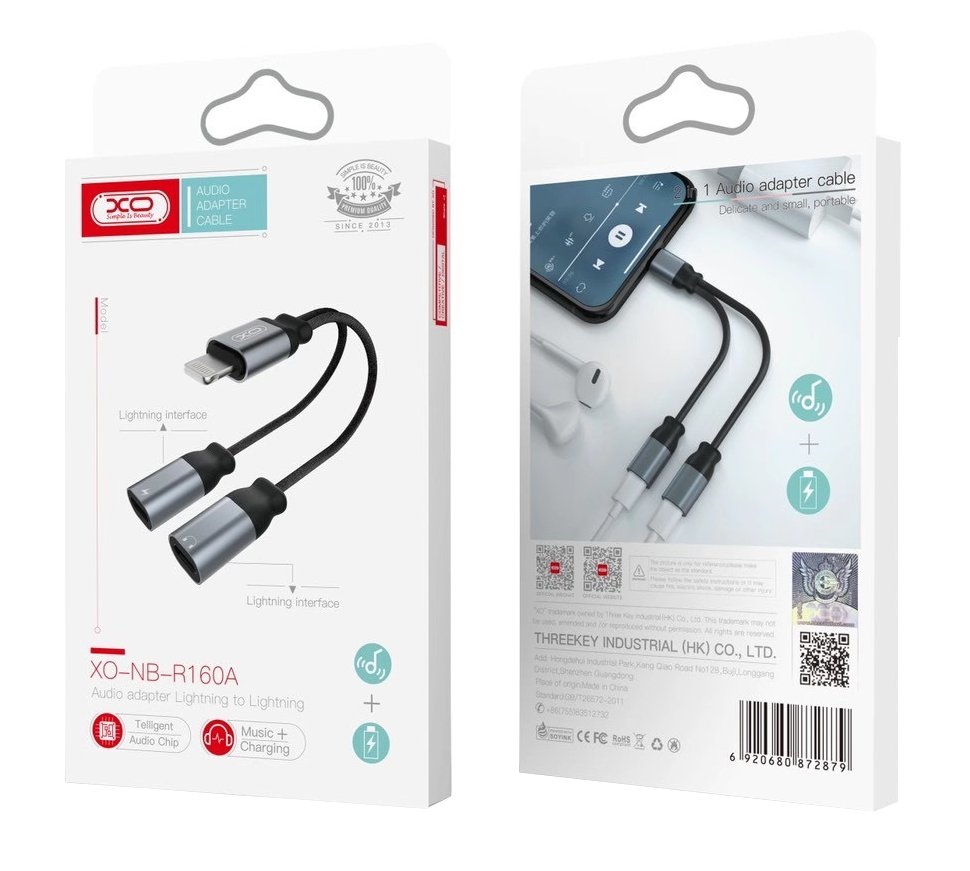 Аудио адаптер Lightning - 2 x Lightning XO Design NB-R160A, Сив