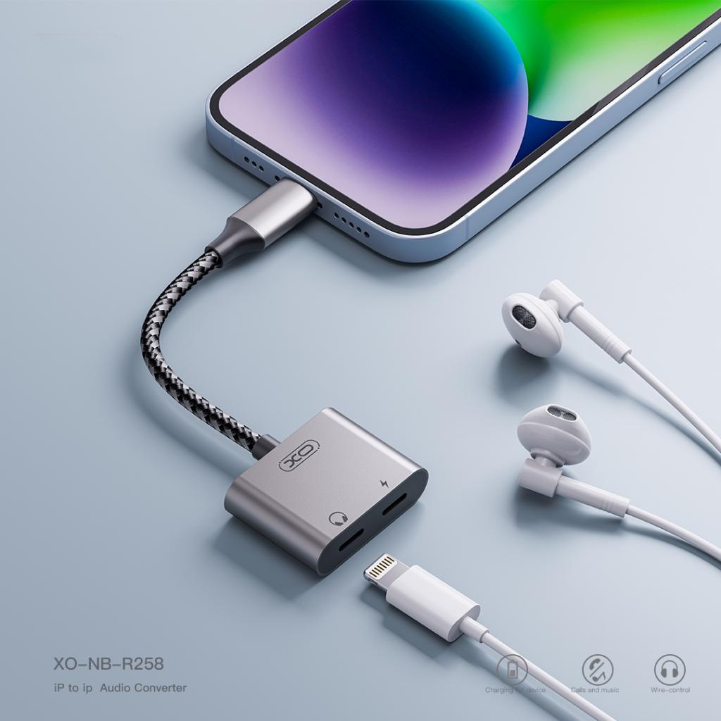 Аудио адаптер Lightning - 2 x Lightning XO Design NB-R258A, Сив