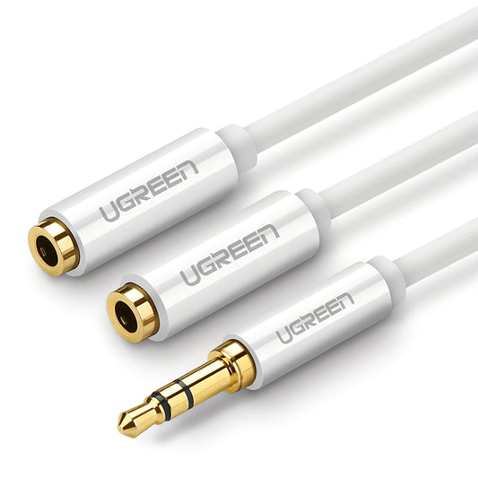 Адаптер за аудио разклонител 3.5mm - 2 x 3.5mm UGREEN AV123 2in1, 0.25m, Бял