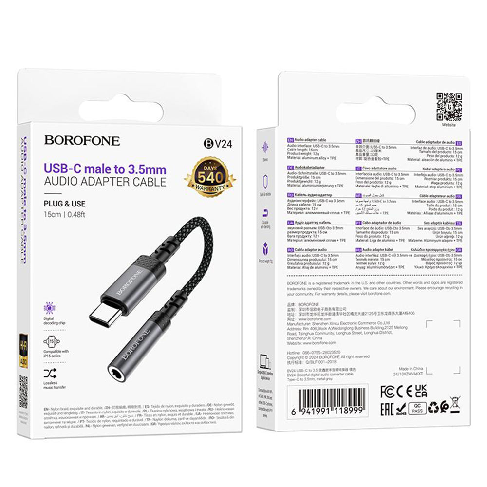 USB-C аудио адаптер - 3.5 мм Borofone BV24, сив