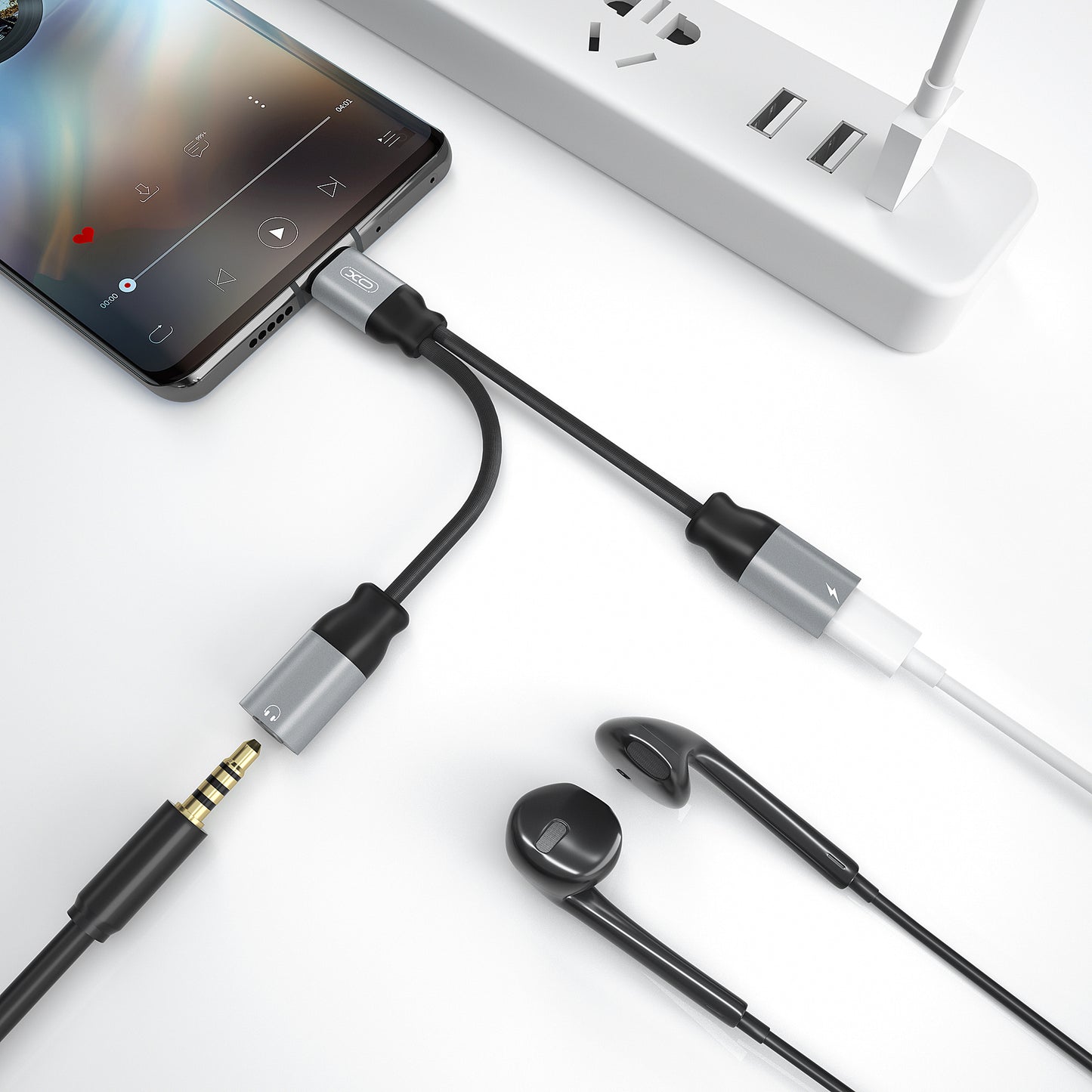 Аудио адаптер USB-C - USB-C / 3.5mm XO Design NBR160B, Черен