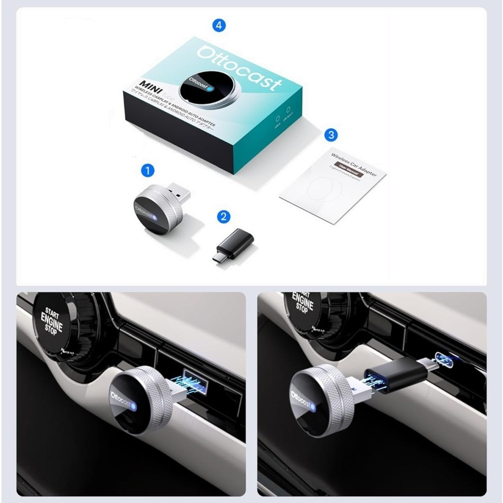 Безжичен адаптер Carplay / Android Auto Ottocast Mini Slim Tube за Apple iPhone / Android Series CP88-T4