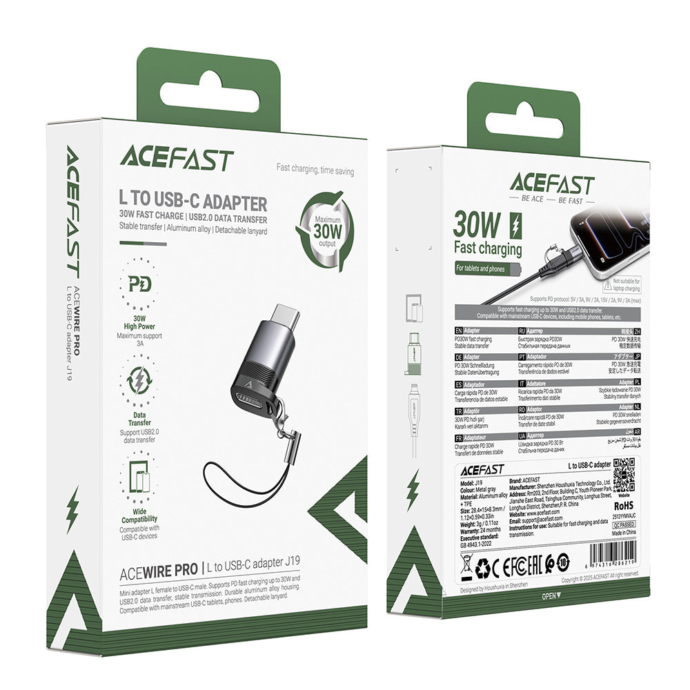Адаптер за данни и зареждане Lightning - USB-C Acefast J19, Сив
