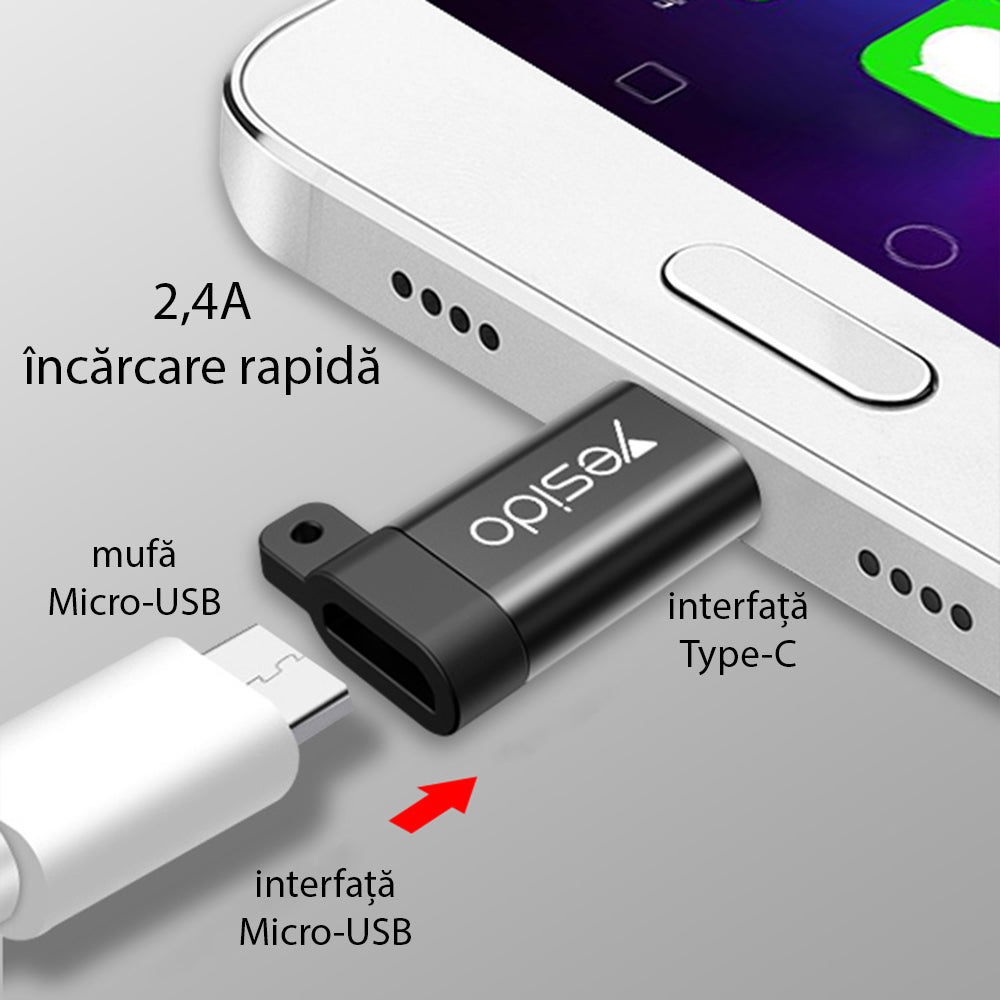 Адаптер за данни и зареждане microUSB - USB-C Yesido GS04, Черен