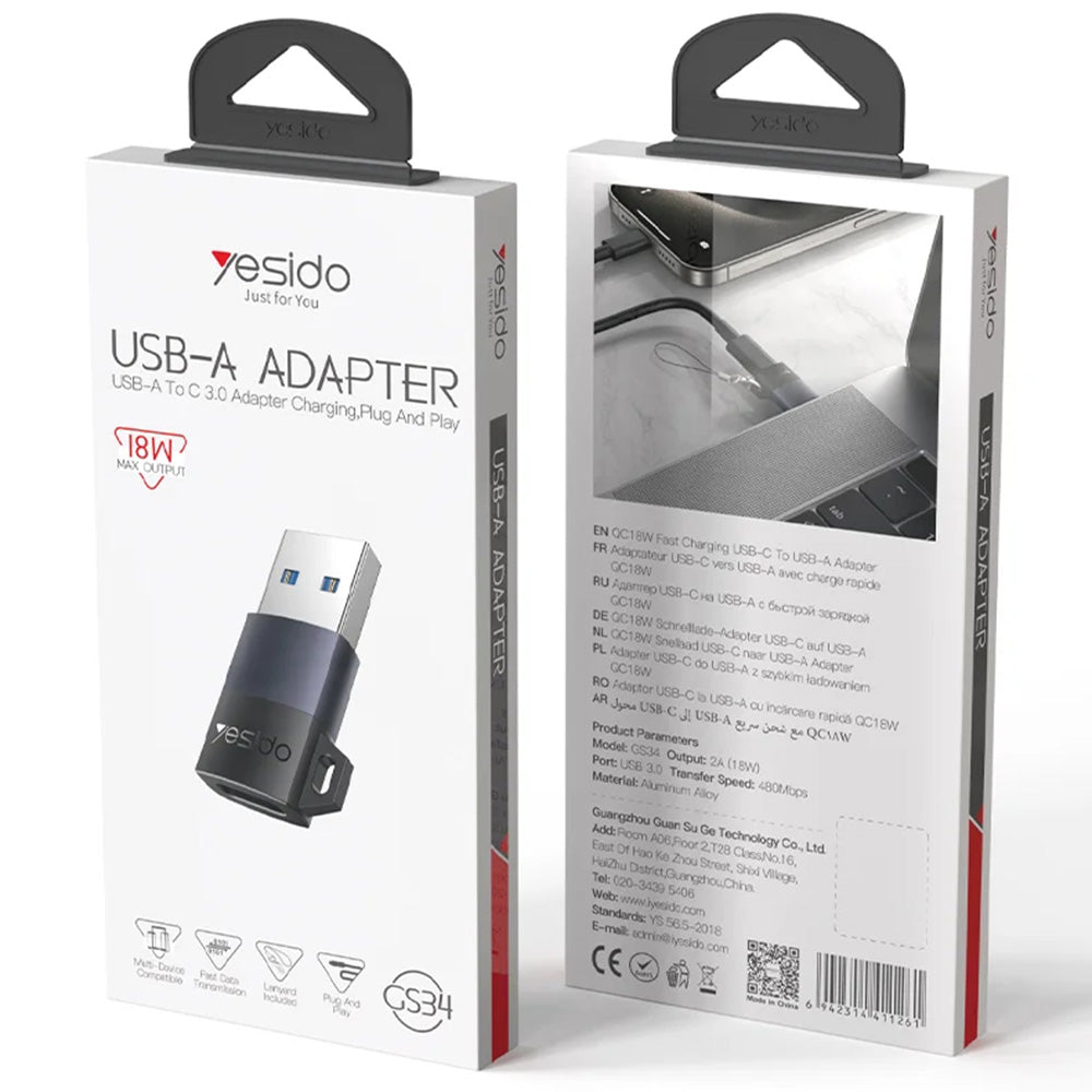 Адаптер за данни и зареждане USB-C - USB-A Yesido GS34, Сив