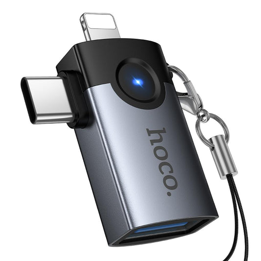 OTG адаптер Lightning / USB-C - USB-A HOCO UA46D, Сив