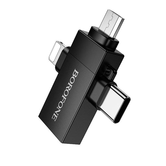 OTG адаптер Lightning / microUSB / USB-C - USB-A Borofone BV26D, Черен