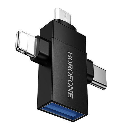OTG адаптер Lightning / microUSB / USB-C - USB-A Borofone BV26D, Черен