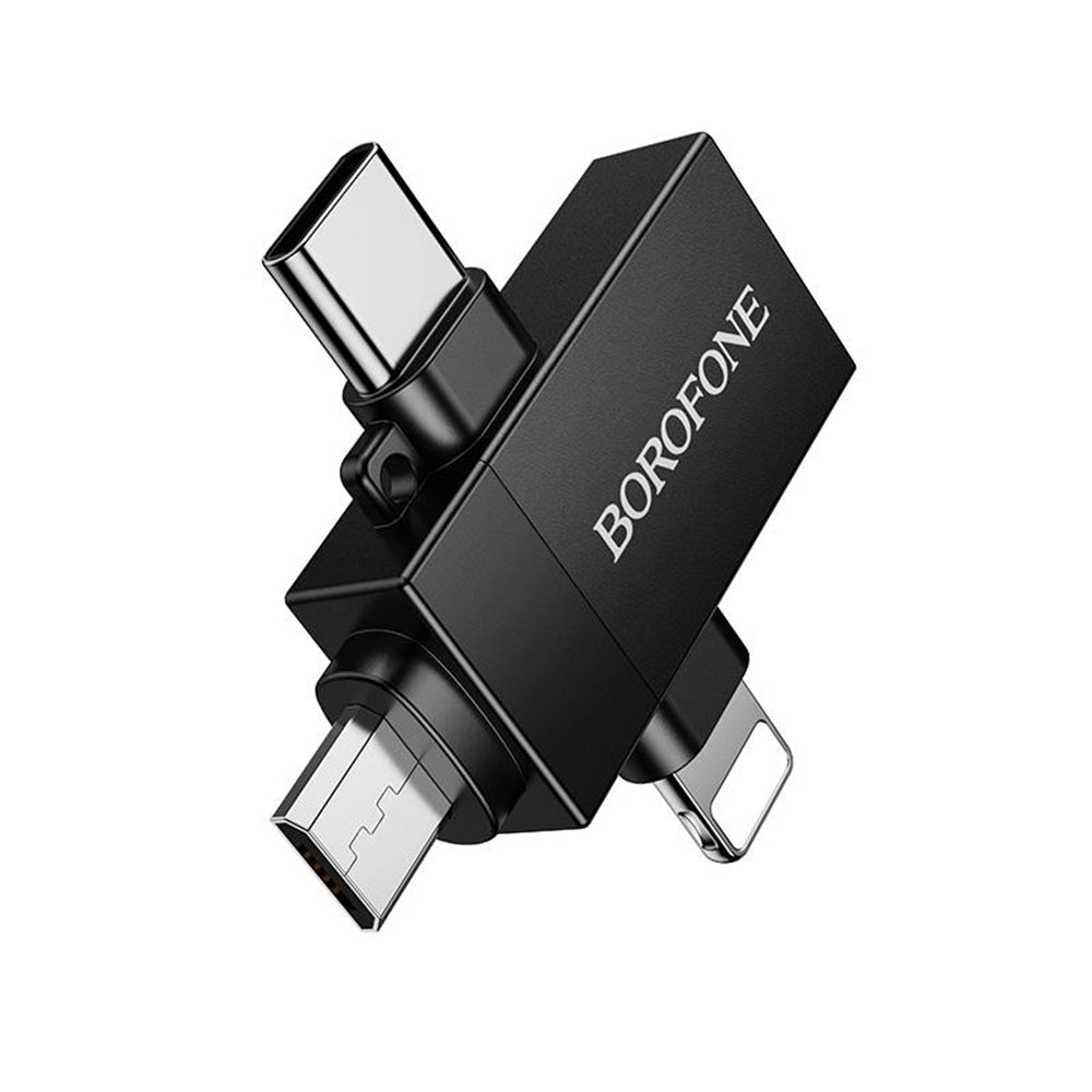 OTG адаптер Lightning / microUSB / USB-C - USB-A Borofone BV26D, Черен
