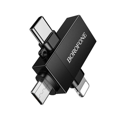 OTG адаптер Lightning / microUSB / USB-C - USB-A Borofone BV26D, Черен