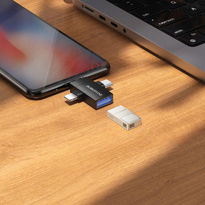 OTG адаптер Lightning / microUSB / USB-C - USB-A Borofone BV26D, Черен