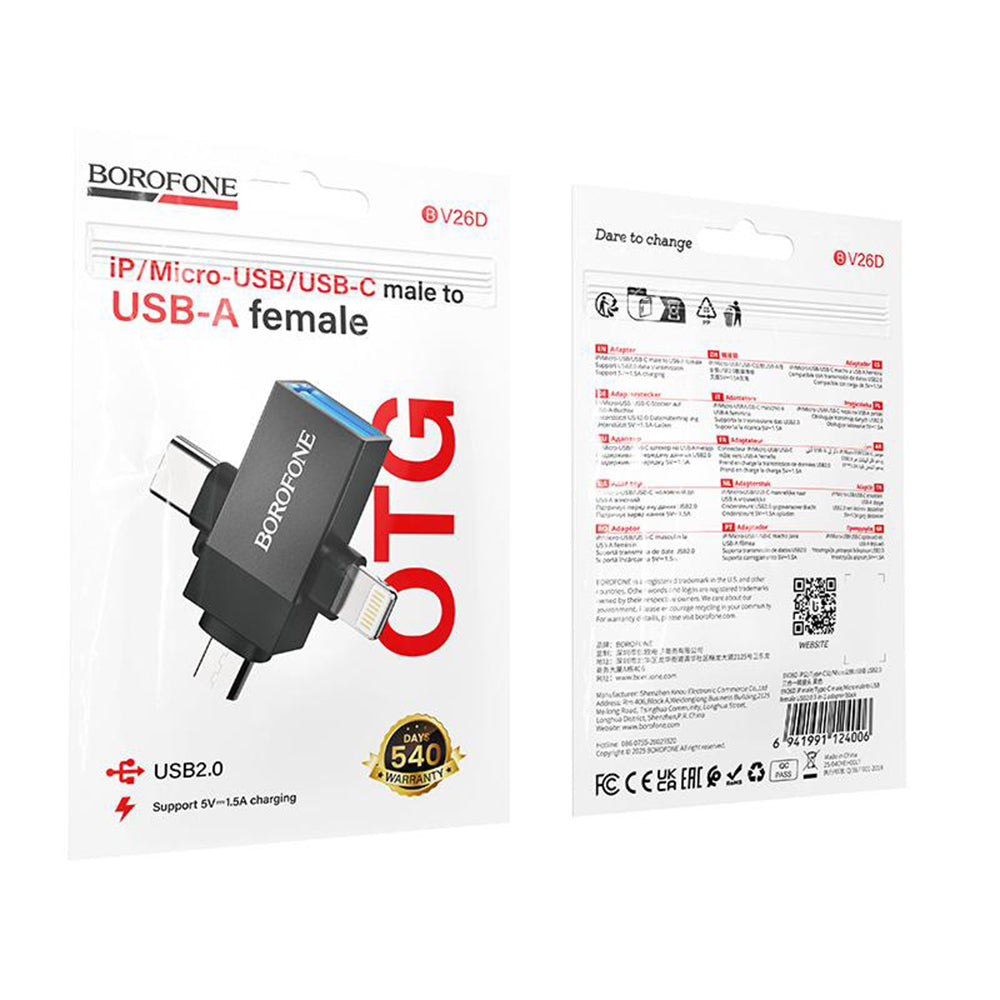 OTG адаптер Lightning / microUSB / USB-C - USB-A Borofone BV26D, Черен