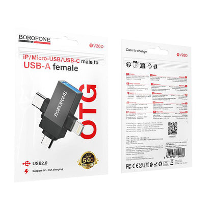 OTG адаптер Lightning / microUSB / USB-C - USB-A Borofone BV26D, Черен