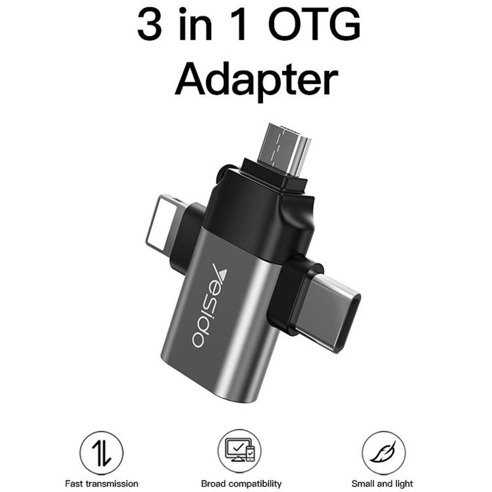 Адаптер OTG Lightning / microUSB / USB-C - USB-A Yesido GS15, Черен