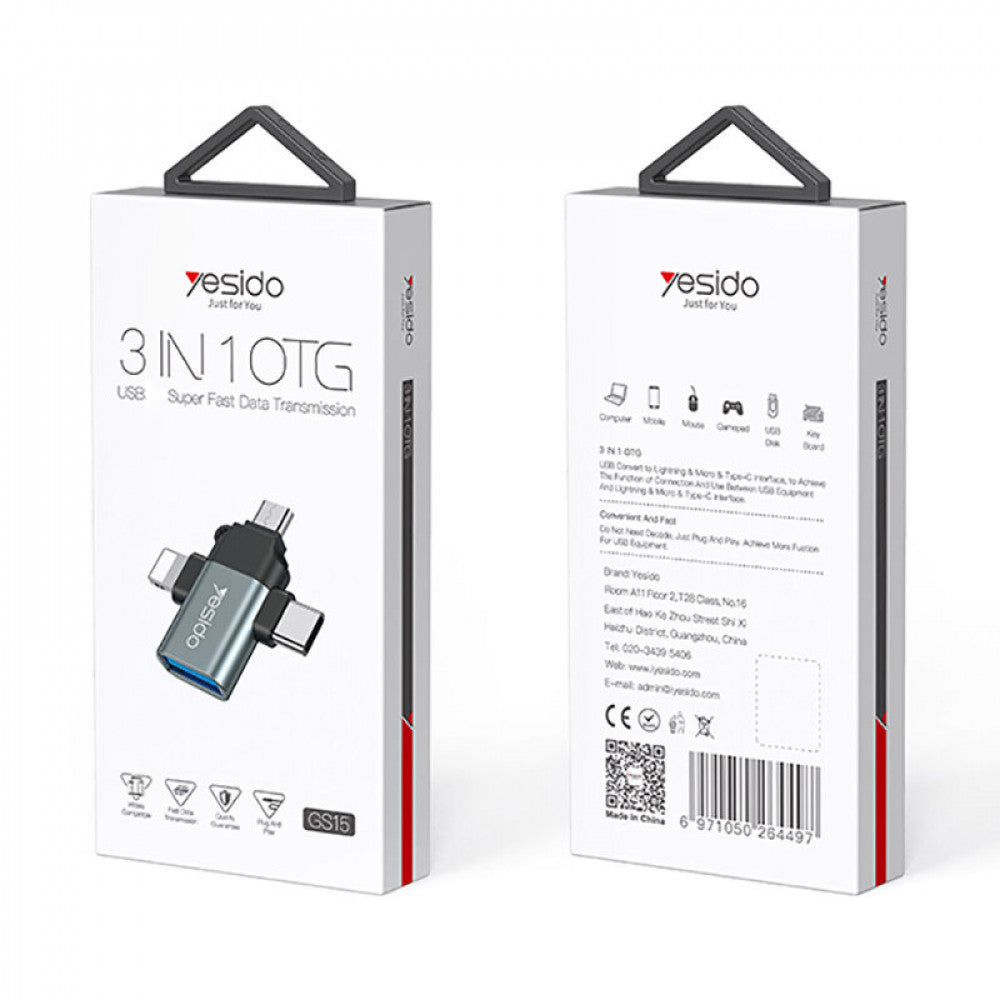 Адаптер OTG Lightning / microUSB / USB-C - USB-A Yesido GS15, Черен