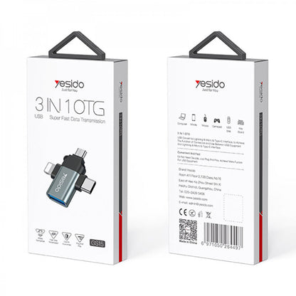 Адаптер OTG Lightning / microUSB / USB-C - USB-A Yesido GS15, Черен