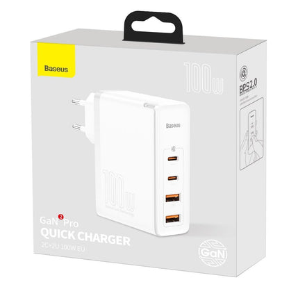 Мрежово зарядно устройство Baseus GaN2 Pro, 100W, 3A, 2 x USB-A - 2 x USB-C, бяло CCGAN2P-L02