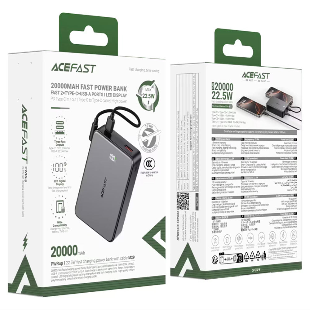 Външна батерия Acefast M29, 20000mAh, 22.5W, QC + PD, 1 x USB-A - 2 x USB-C, Черна