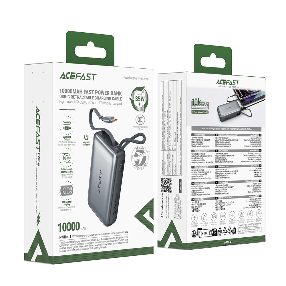 Външна батерия Acefast M32, 10000mAh, 35W, PD, 2 x USB-C, Сив