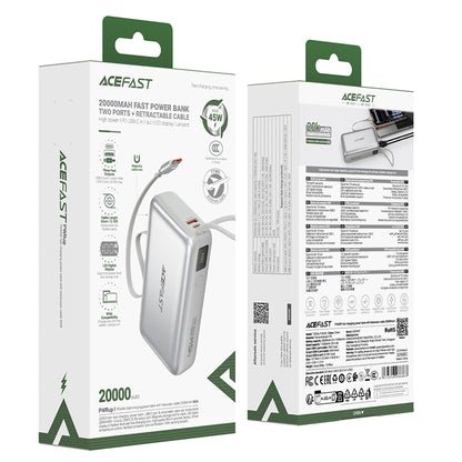 Външна батерия Acefast M34, 20000mAh, 45W, QC + PD, 1 x USB-A - 2 x USB-C, Сребриста