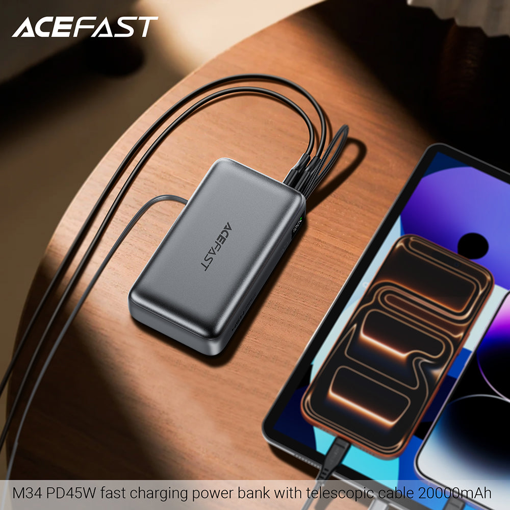 Външна батерия Acefast M34, 20000mAh, 45W, QC + PD, 1 x USB-A - 2 x USB-C, Сив