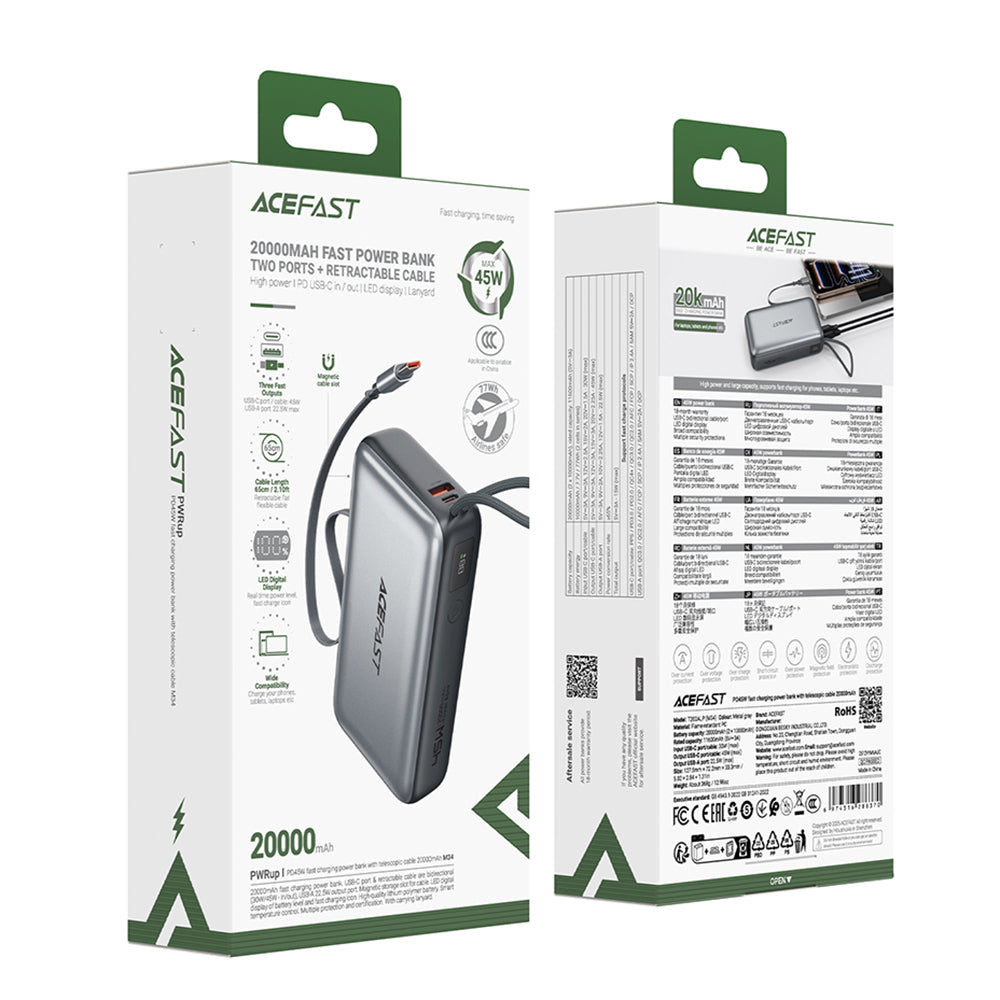 Външна батерия Acefast M34, 20000mAh, 45W, QC + PD, 1 x USB-A - 2 x USB-C, Сив