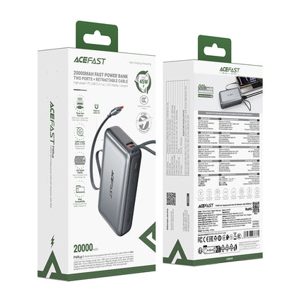 Външна батерия Acefast M34, 20000mAh, 45W, QC + PD, 1 x USB-A - 2 x USB-C, Сив