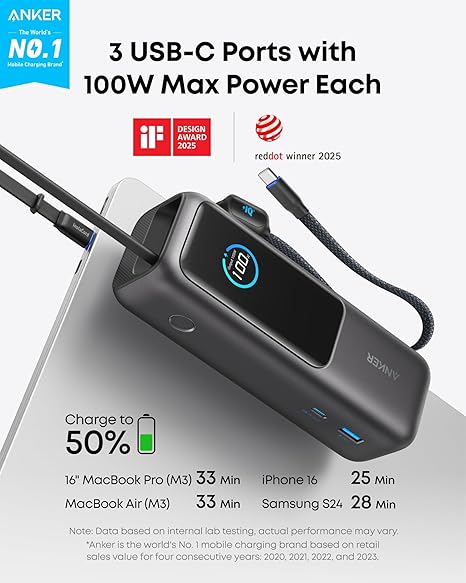 Външна батерия Anker, 25000mAh, 165W, QC + PD, 1 x USB-A - 3 x USB-C, Сив A1695H11