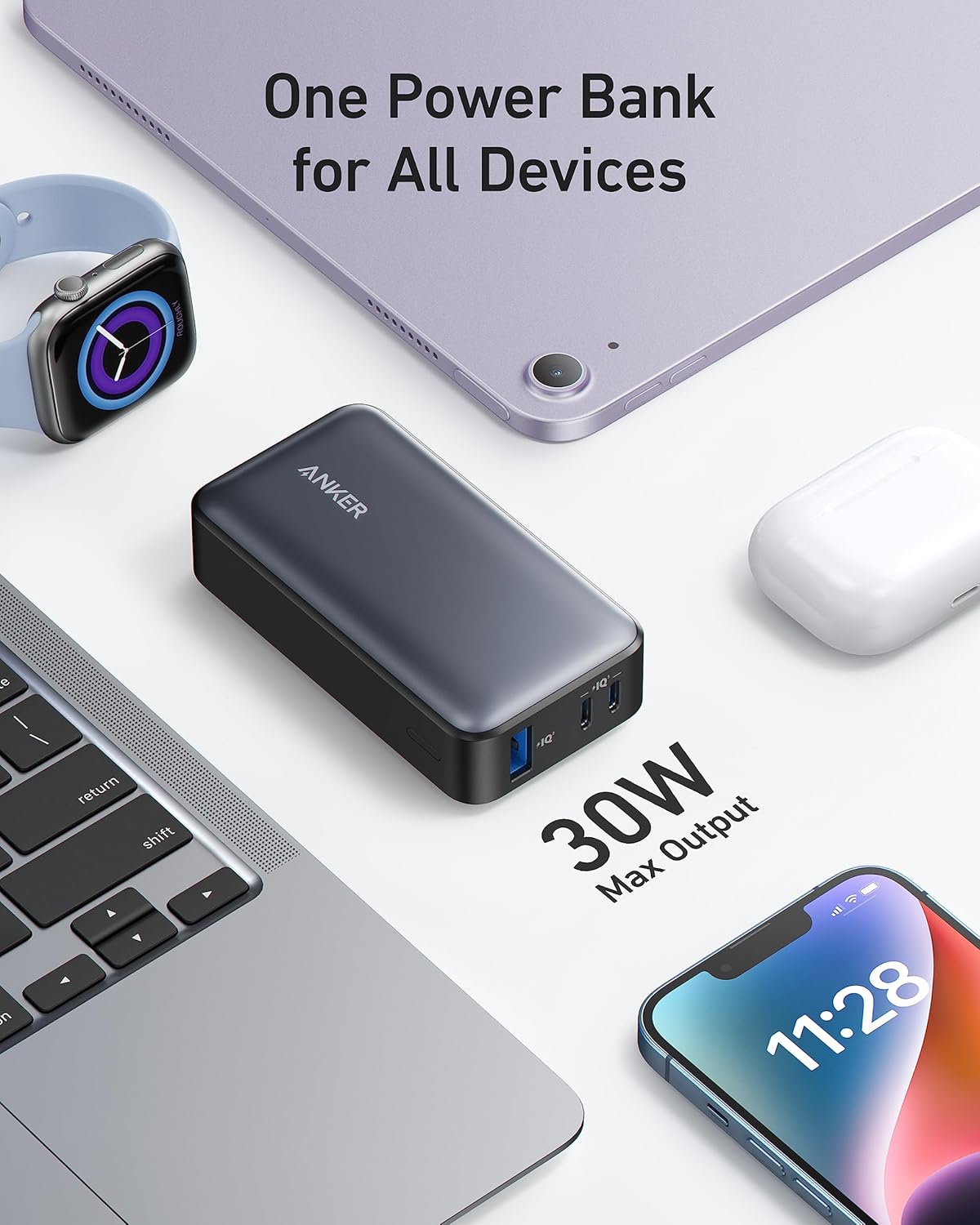 Външна батерия Anker 533, 10000mAh, 30W, QC + PD, 1 x USB-A - 2 x USB-C, черна A1256G12