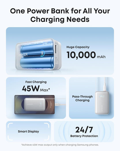 Външна батерия Anker Nano, 10000mAh, 45W, QC + PD, 1 x USB-A - 1 x USB-C, Бяла A1638H21