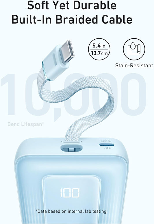Външна батерия Anker Zolo, 10000mAh, 30W, QC + PD, 1 x USB-A - 2 x USB-C, Синя A1688031